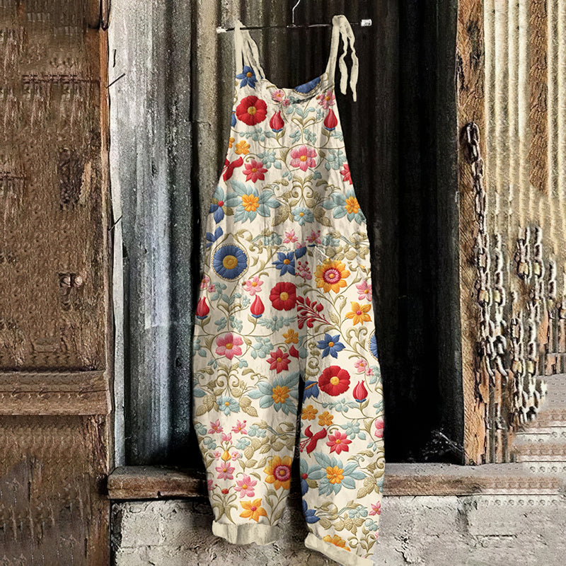 Women's Bohemian Style Floral Linen Print Cotton Linen Jumpsuit artswardrobe
