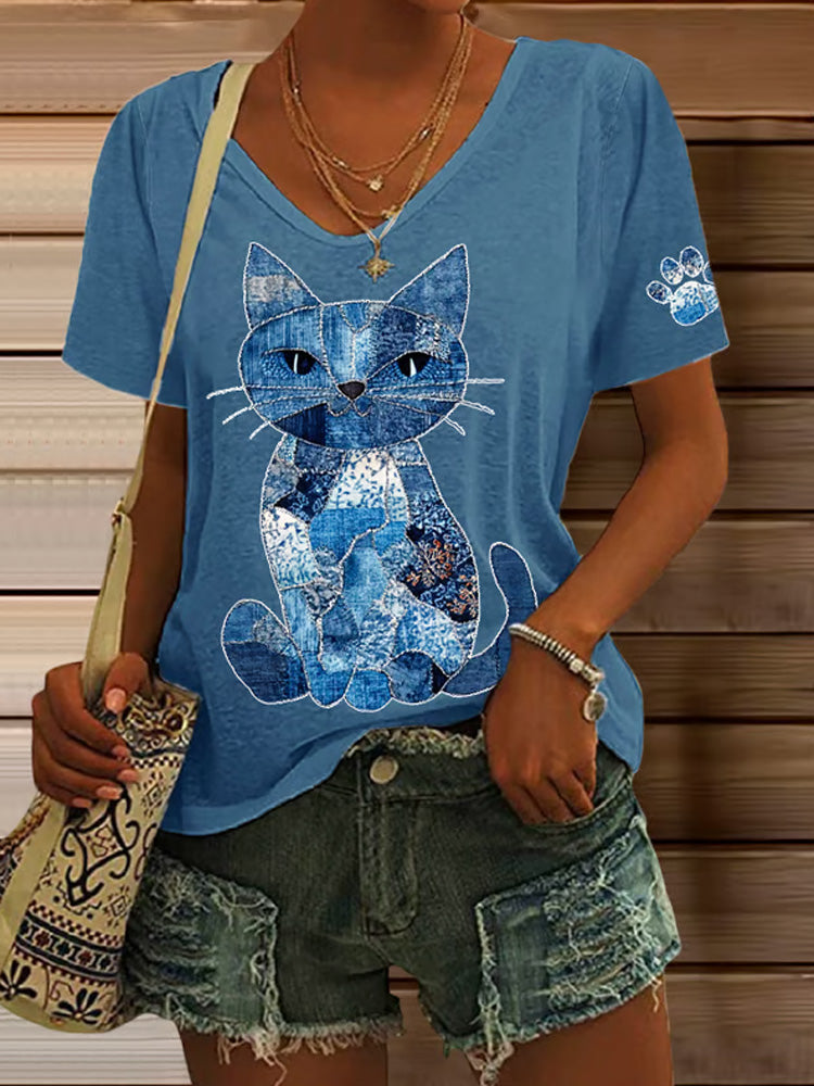 Women's Retro Animal Cat Print V-neck T-shirt artswardrobe