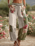 Love & Health Collection Retro Rose And Floral Patchwork Art Linen Pants artswardrobe