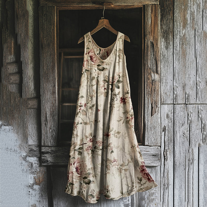 Women's Vintage Flower Print Linen Blend Midi Dress artswardrobe
