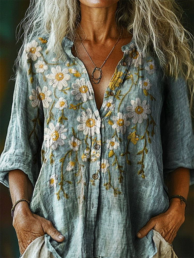 Women's Vintage Floral Art Print Casual Cotton Linen Shirt