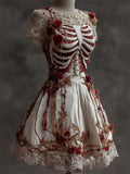 Comstylish Halloween Bloody Red Roses Rib Cage Vintage Lace Linen Dress