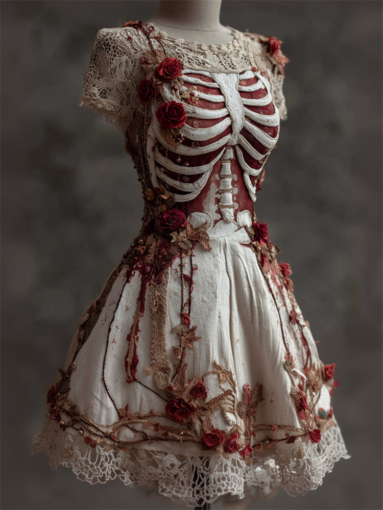 Comstylish Halloween Bloody Red Roses Rib Cage Vintage Lace Linen Dress