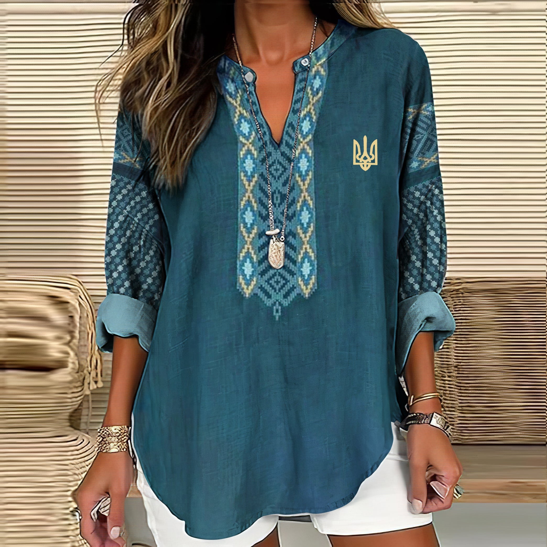 Comstylish Women's Ukraine Ethnic Art Print V-neck Linen Blend Shirt