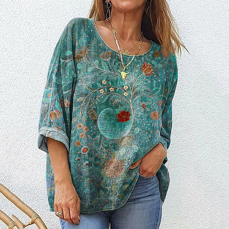 Women's Retro Ethnic Floral Print Casual Cotton And Linen Shirt artswardrobe