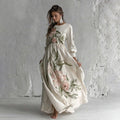 Women's Rose Printed Art V-neck Long Sleeve Maxi Dress