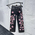 Comstylish Vintage Japanese Sakura Applique Embroidery Art Design Jeans