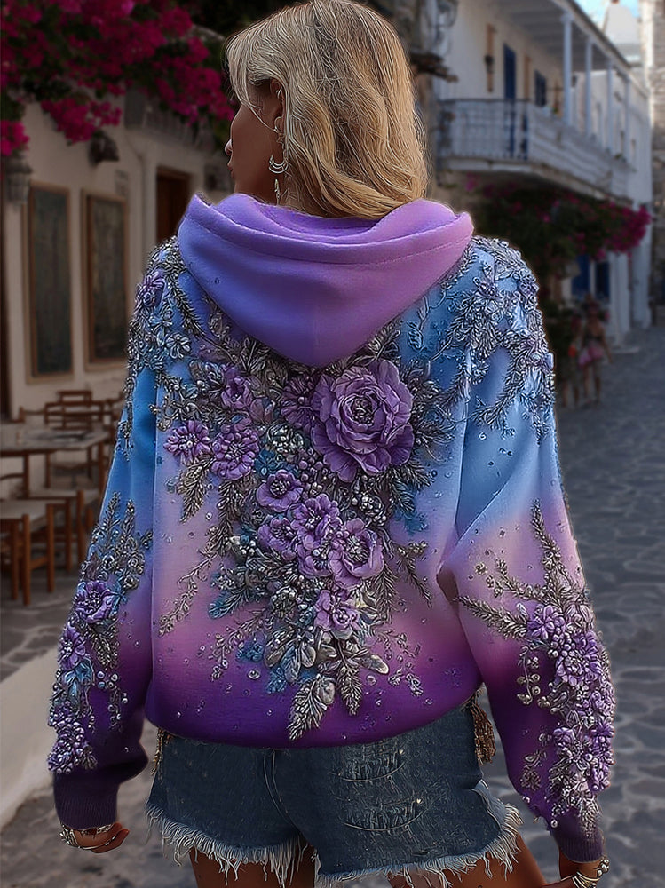Women's Classic Rose Embroidery Art Comfy Hoodie artswardrobe