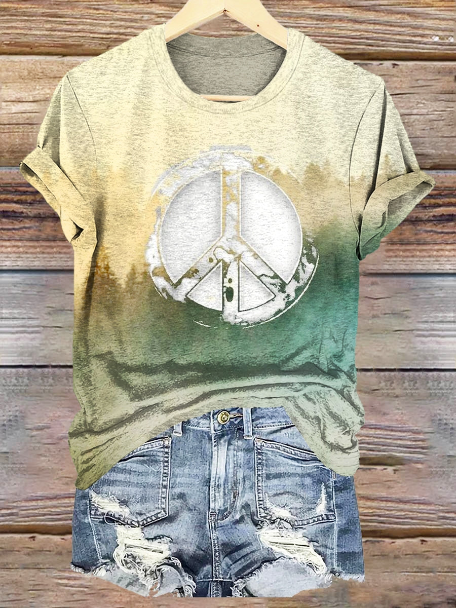 Women's Retro Hippie Peace Sign Print Crew Neck T-shirt