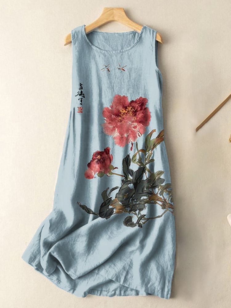 Comstylish Vintage Japanese Ink Flower Calligraphy Art Print Sleeveless Cotton And Linen Midi Dress