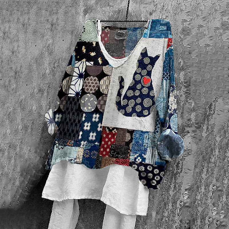 Comstylish Japanese Cat And Floral Print V-neck T-shirt