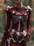 Comstylish Women Halloween Skeleton Rose Ancient Blood Red Dress