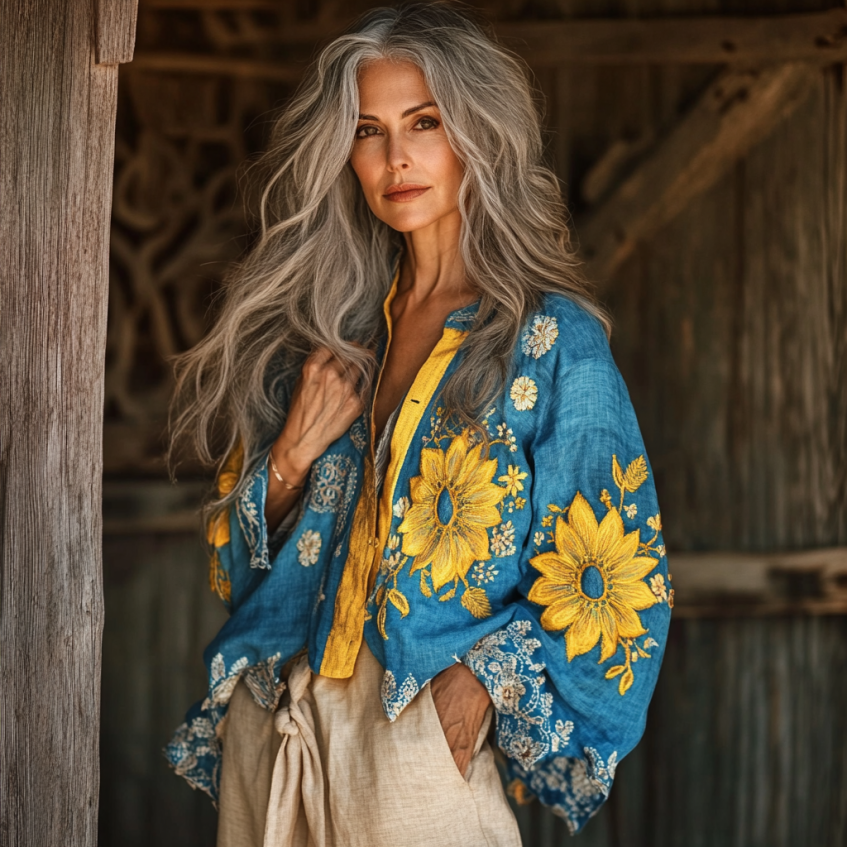 Bohemian Ukraine Sunflower Linen Floral Art Print Long Sleeve Shirt artswardrobe
