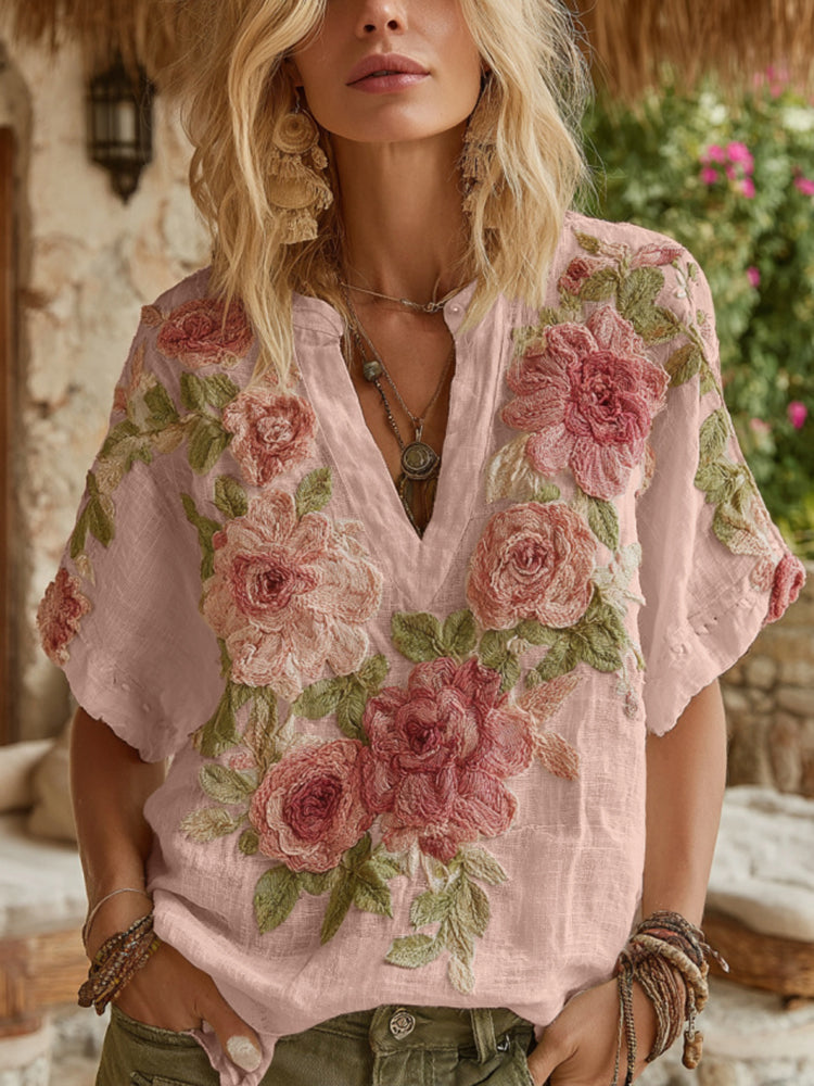 Women's Vintage Floral Art V Neck Linen Short Sleeve T-shirt artswardrobe