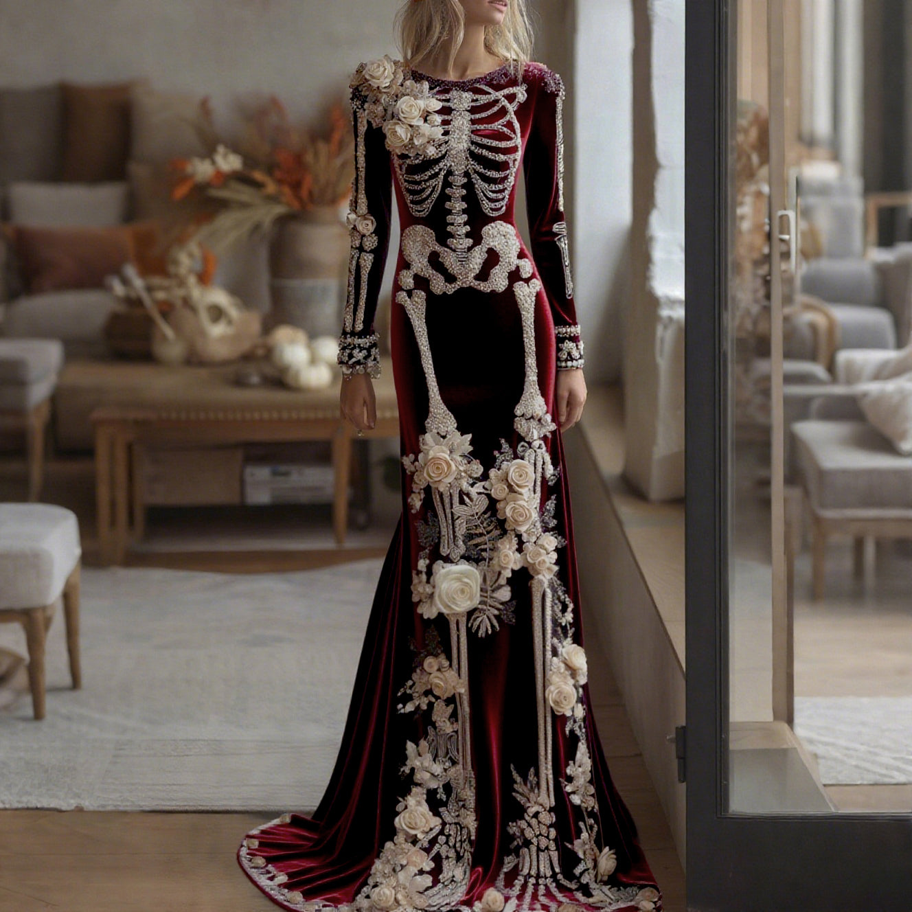 Comstylish Women's Halloween Dark Gothic Rose Skeleton Velvet Round Neck Maxi Dress