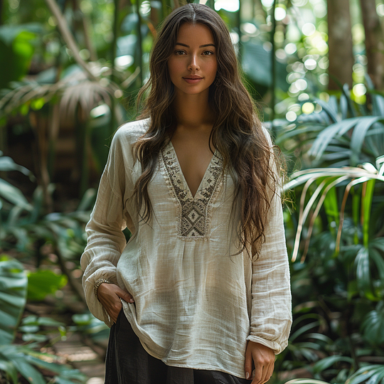 Bohemian Tribal Embroidery Print Cotton And Linen Blend Loose Blouse artswardrobe