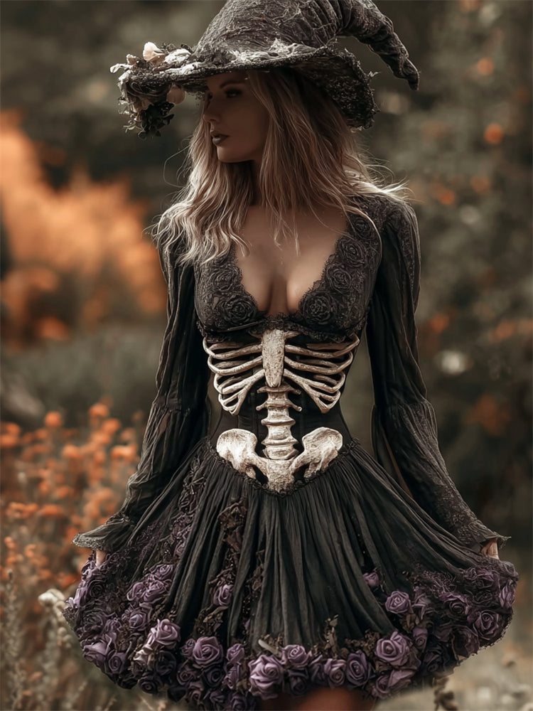Comstylish Halloween Skeleton Purple Roses Flowy Linen Mini Dress