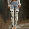 Comstylish Vintage Cute Cat Face With Roses Art Embroidered Cozy Knit Leggings