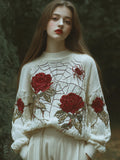 Comstylish Women Halloween Spider And Rose Make Old White Round Neck Sweater