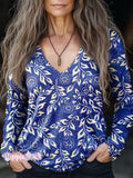 Women's Retro Floral Print Casual V-neck Long Sleeve T-shirt