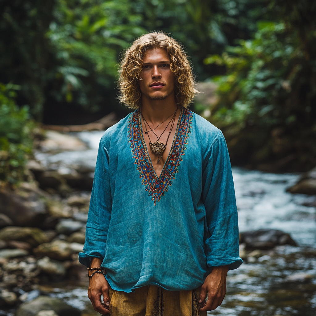 Men's Bohemian Style Linen Printed Casual Long Sleeve Tops artswardrobe