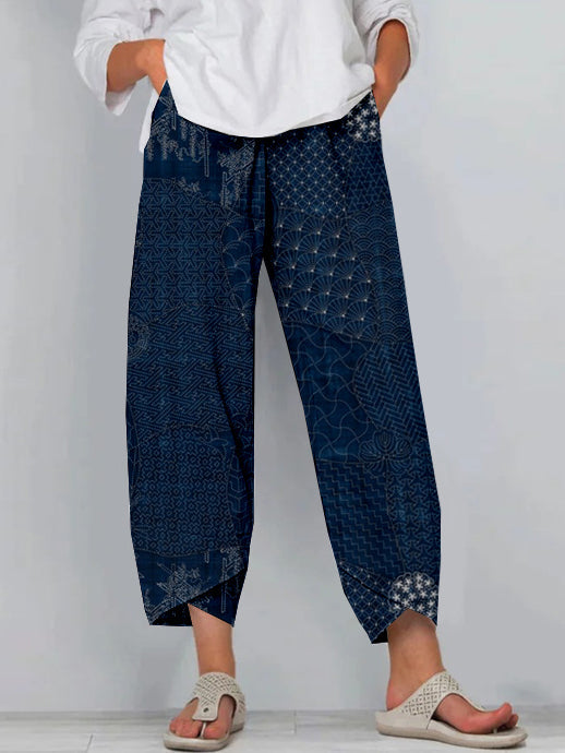 Comstylish Japanese Traditional Sashiko Art Cropped Casual Pants