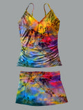 V-Neck Vintage Multicolor Flowers Art Print Suspender Skirt Tankini Pantskirt Set Swimsuit