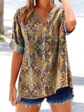 Women's Ethnic Totem Art Print Short Sleeve V-Neck Cotton and Linen Sh