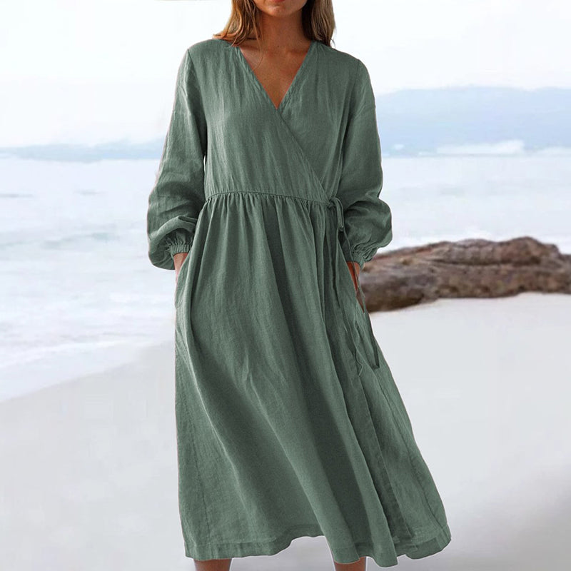 Casual Pleated Wrap V Neck Linen Midi Dress artswardrobe