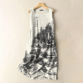 Comstylish Japanese Art Vintage Ink Pine Print Sleeveless Cotton And Linen Midi Dress