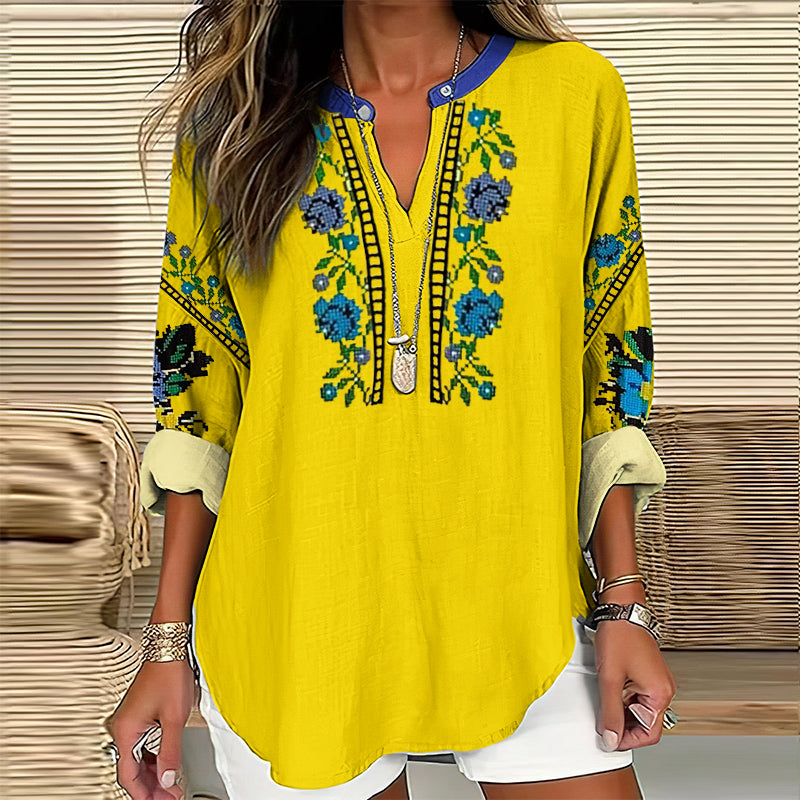 Comstylish Women's Ukraine Embroidered Flower V-neck Casual Linen Blend Blouse