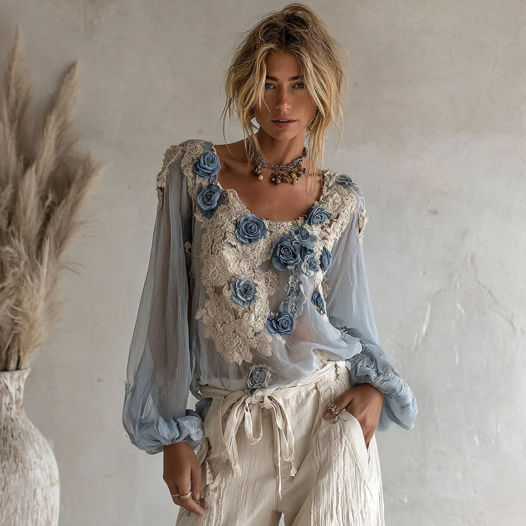 Comstylish Women's Blue Rose Embroidery Casual Shirt
