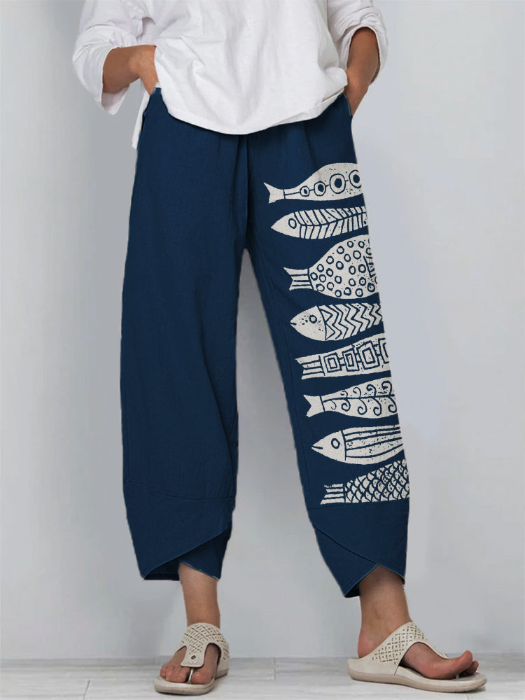 Comstylish Fish Japanese Lino Art Linen Blend Cropped Pants