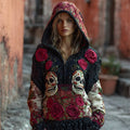 Comstylish Day Of The Dead Sugar Skulls Roses Cozy Knit Hooded Sweater