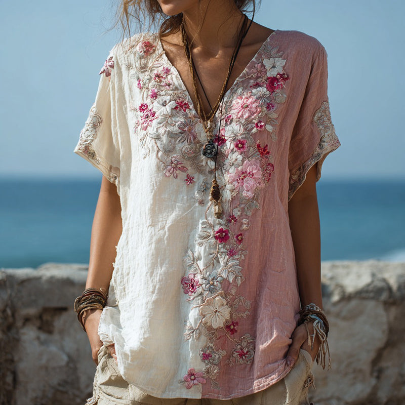 Comstylish Women's Retro Floral Stitching Contrast Color Casual V-neck T-shirt