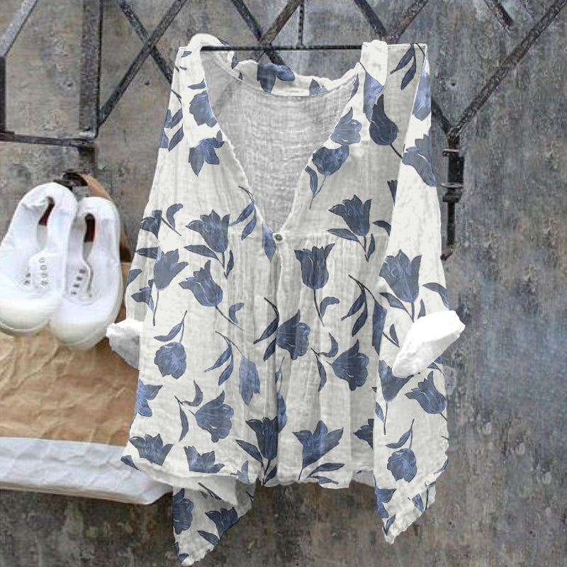 Comstylish Ladies Floral Pattern Casual Cotton Linen Shirt