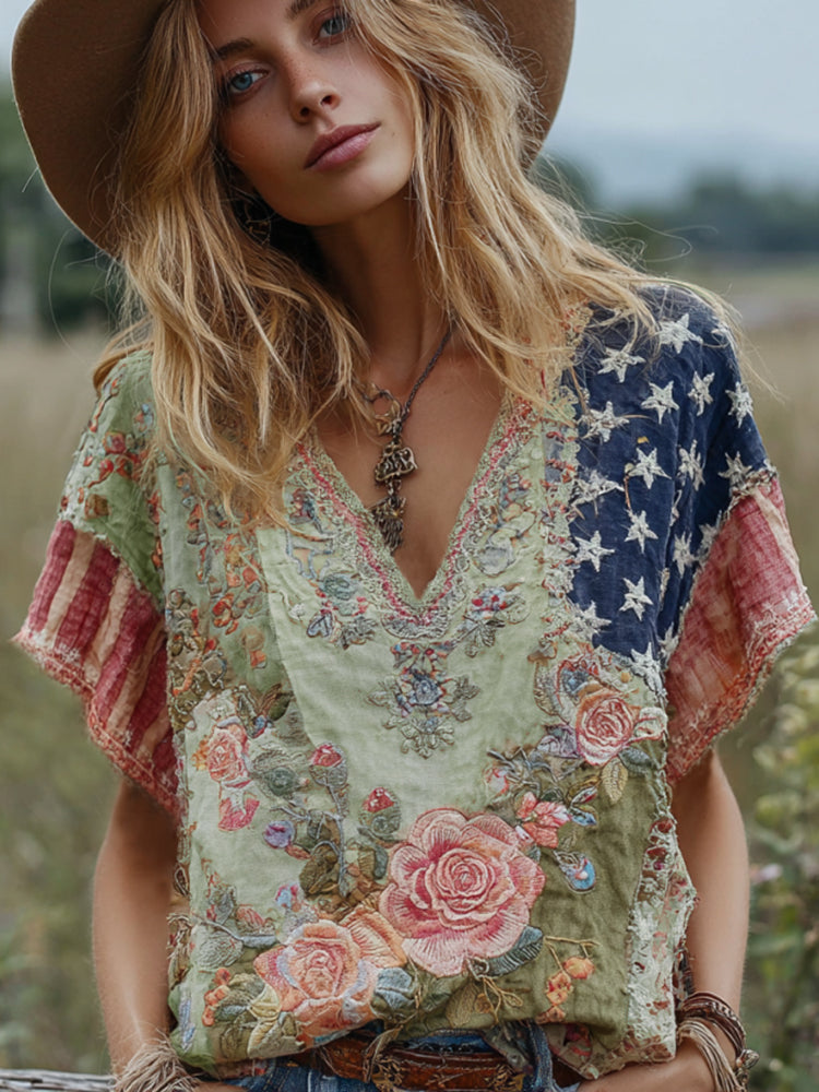 Women's Vintage American Western Country Style Floral And Stars Embroidered Linen Blend V-neck T-shirt artswardrobe