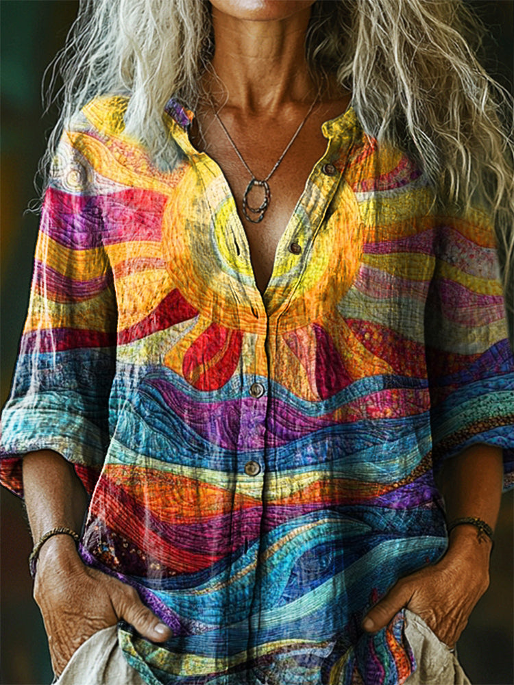 Women's Colorful Sun Collage Art Print Casual Cotton Linen Shirt
