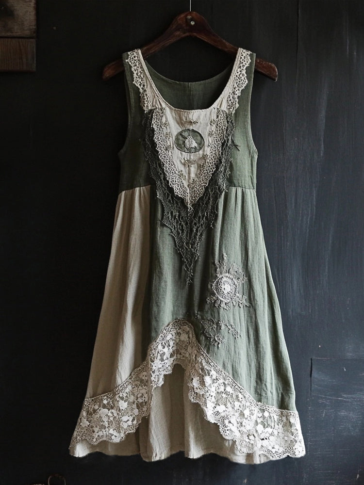 Vintage Lace Patchwork Cozy Linen Tank Dress artswardrobe