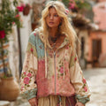 Comstylish Women's Floral Embroidery Color Block Boho Casual Zip-up Hoodie