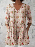 Women's Retro Floral Art Print Casual Cotton And Linen V-neck Top