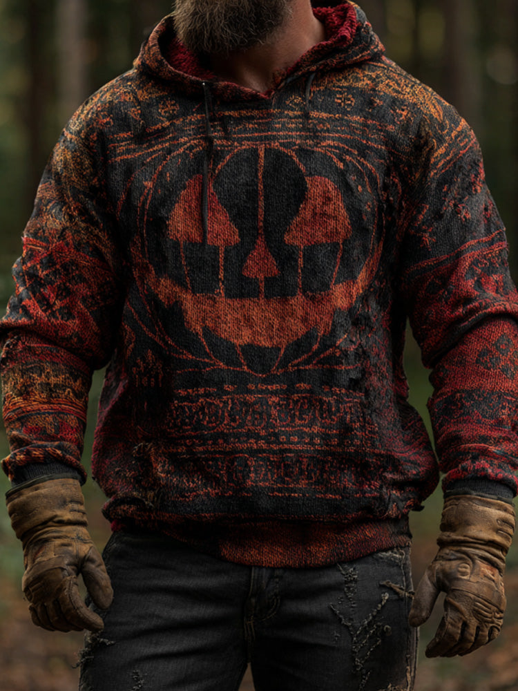 Men's Vintage Viking Halloween Ghost Face Embroidered Hoodie elevenforest