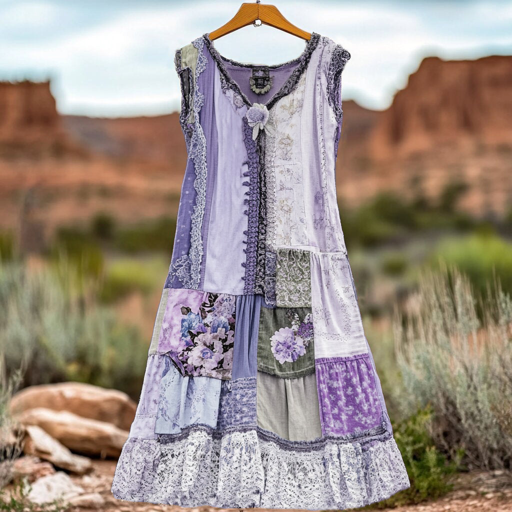 Women's Vintage Floral Lace Patch Comfort Dress artswardrobe