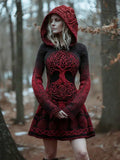 Women's Viking Style Tree Of Life Thick Needle Gradient Hooded Dress artswardrobe