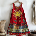 Women's Vintage Sun And Bird Embroidered Cotton And Linen Dress artswardrobe