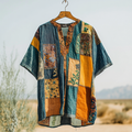 Men's  Contrast Colors Patchwork Pattern Art Linen Shirt artswardrobe