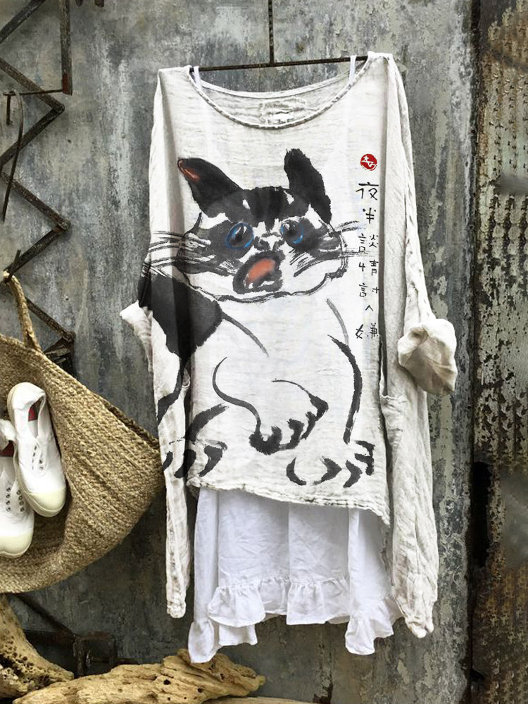 Comstylish Scaredy Cat Women's Linen Flutter Tunic