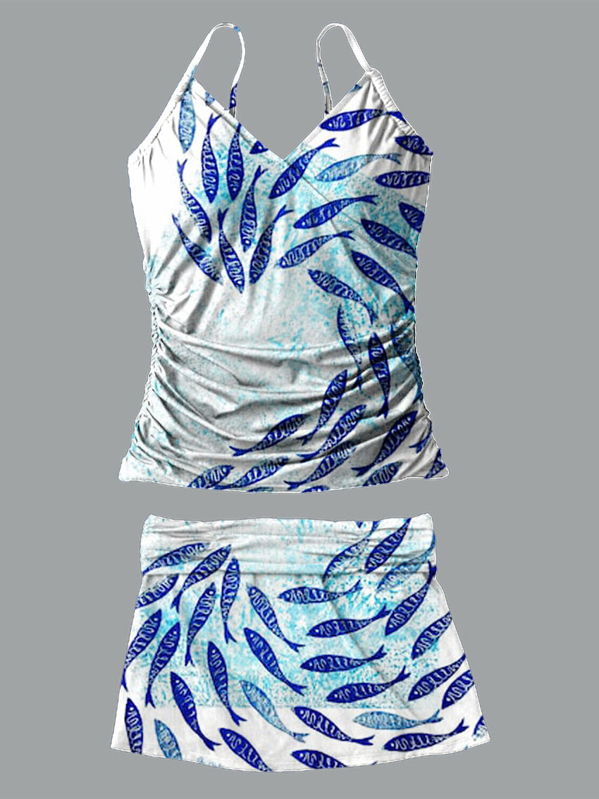 School of Fish V-Neck Vintage Flowers Print Suspender Skirt Tankini Pantskirt Set Swimsuit