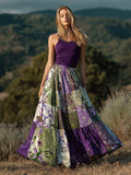 Boho Purple Patchwork Floral Pattern Women's Linen Half-length Skirt artswardrobe