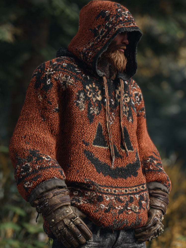 Men's Vintage Viking Halloween Ghost Face Embroidered Hoodie elevenforest